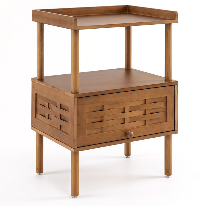 Bamboo Rattan Nightstand with Raised Edge Flip-Up Door and Open Shelf