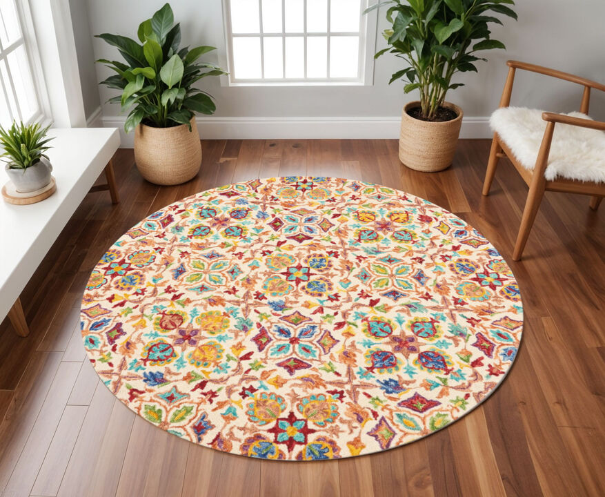HomeRoots Wool Floral Hand Tufted Round Rug