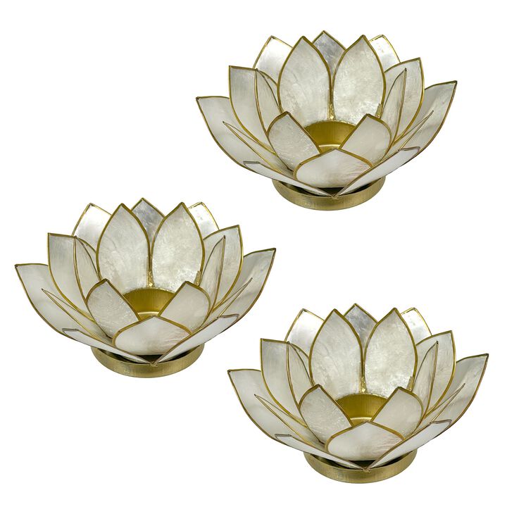 White Capiz Shell Lotus Flower Small Tealight Candle Holder Set Of 3