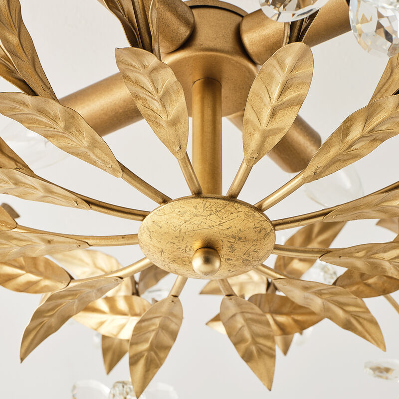23.6" 4-Light Modern Antique Gold Leaf Shaped Crystal Flower Semi-Flush Mount Ceiling Light for Bedroom or Etryway image number 9