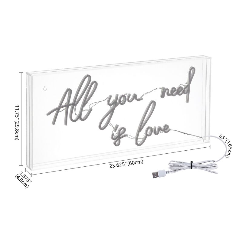 All You Need Is Love 23.63" X 11.75" Contemporary Glam Acrylic Box USB Operated LED Neon Light, Pink
