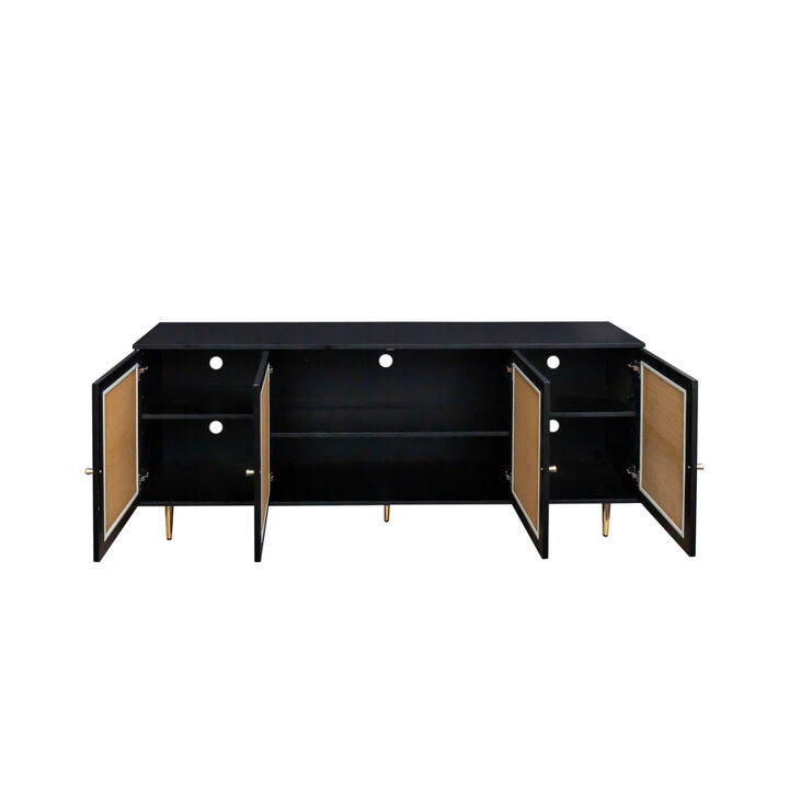 Rattan Sideboard Buffet Cabinet, Kitchen Storage Cabinet Console Table with Adjustable Shelves for Living Room, Dining Room, Bedroom (Black)