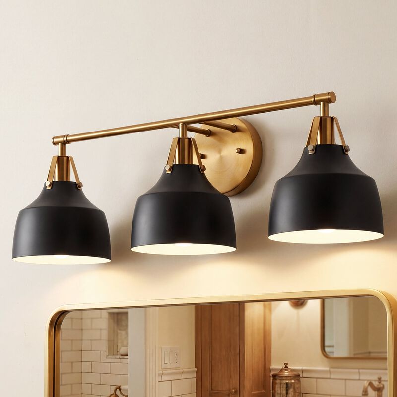 Black and Gold Bathroom Vanity Light, Three-Light Metal Bell Shades image number 1