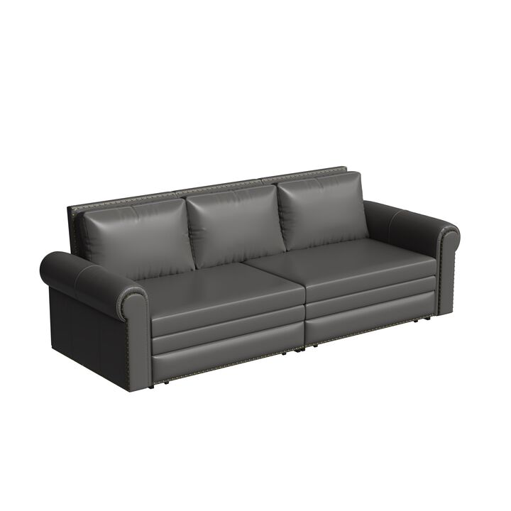 TATEUS 93.7" Chesterfield King Pull-Out Sofa Bed, Faux Leather 3-in-1 Convertible Sleeper