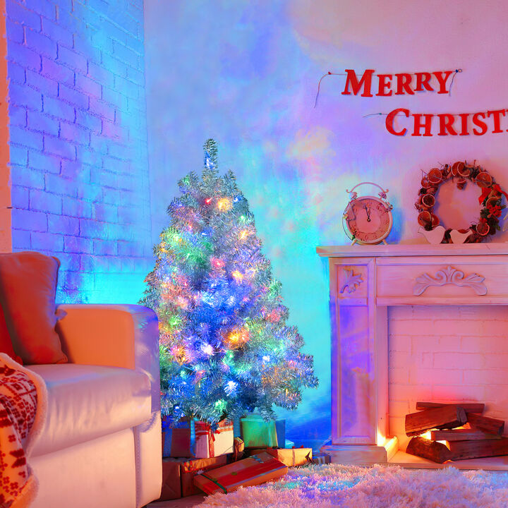 Whisen 4 FT Sliver Pre-Lit Artificial Christmas Tree, Hinged Full Tree with Metal Stand, Branch Tips, LED Lights