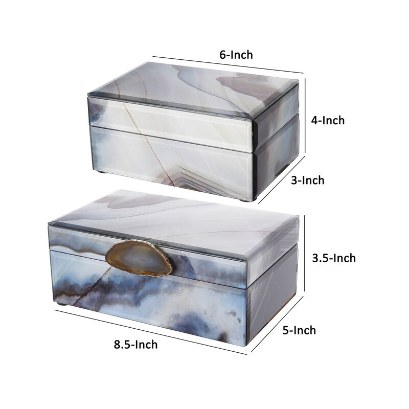 8, 6 Inch Modern Jewelry Box, Blue Silver Marble Effect, Glass and Stone - Benzara