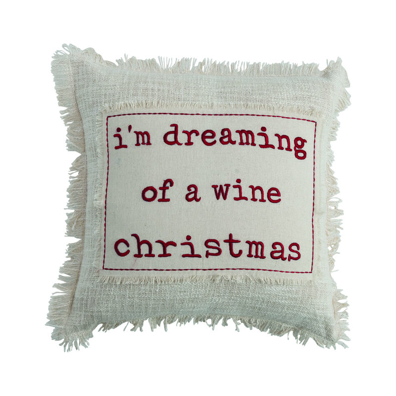 Square Cotton Slub Pillow with Applique, Embroidery and Fringe "I'm Dreaming of a Wine Christmas", Natural and Red image number 0