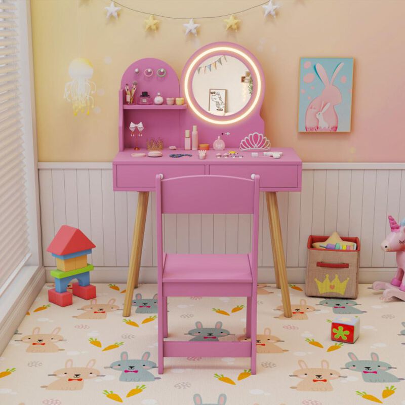 Hivvago Kids Princess Makeup Dressing Desk and Chair Set with Mirror and Lights