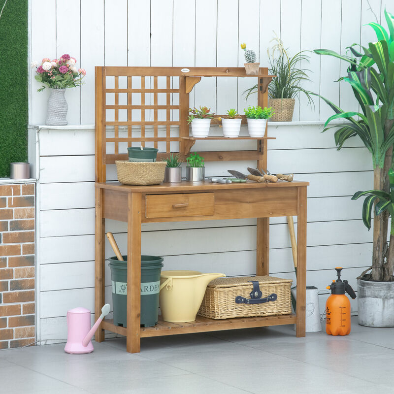 Outsunny Potting Bench Table, Garden Work Bench, Outdoor Wooden Workstation with Tiers of Shelves and Drawer for Patio, Courtyards, Balcony, Brown