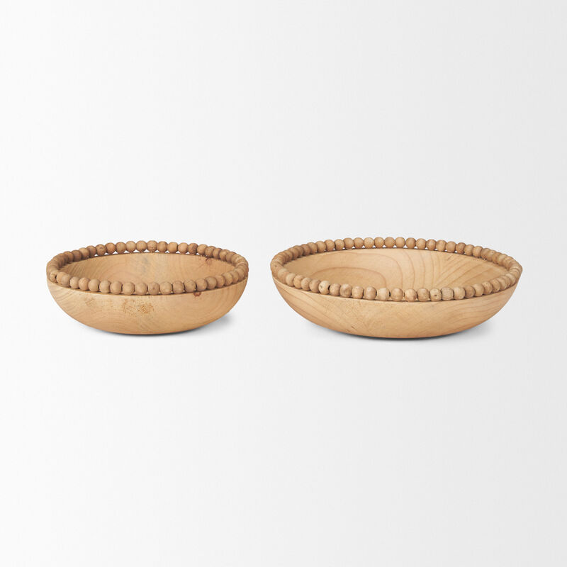 HomeRoots Set of Two Brown Solid Wood Beaded Edge Round Centerpiece Bowl image number 2