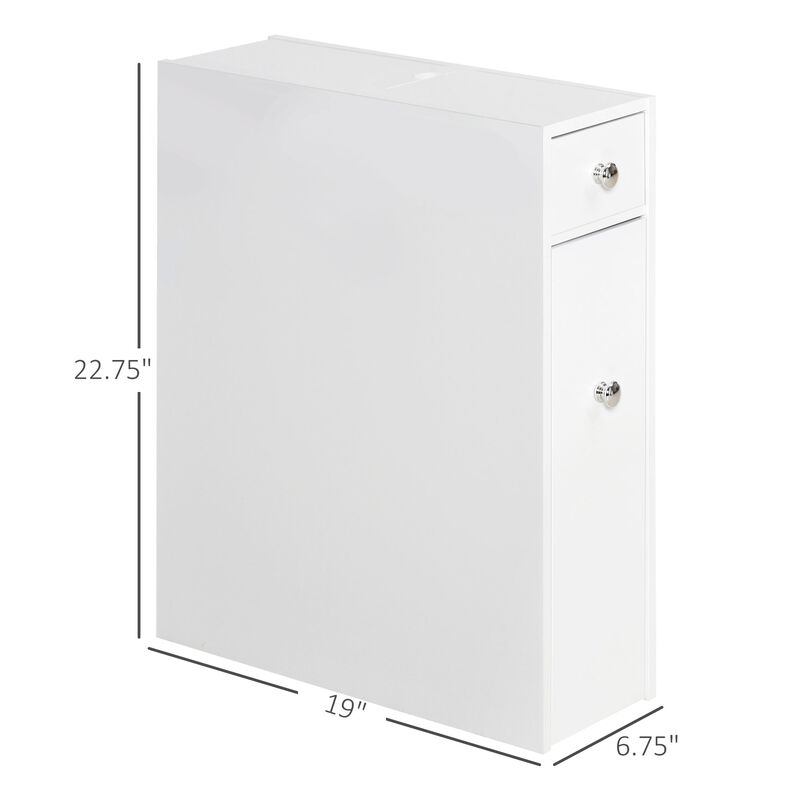 Slim Bathroom Organizer: White Wooden Floor Cabinet with Drawers