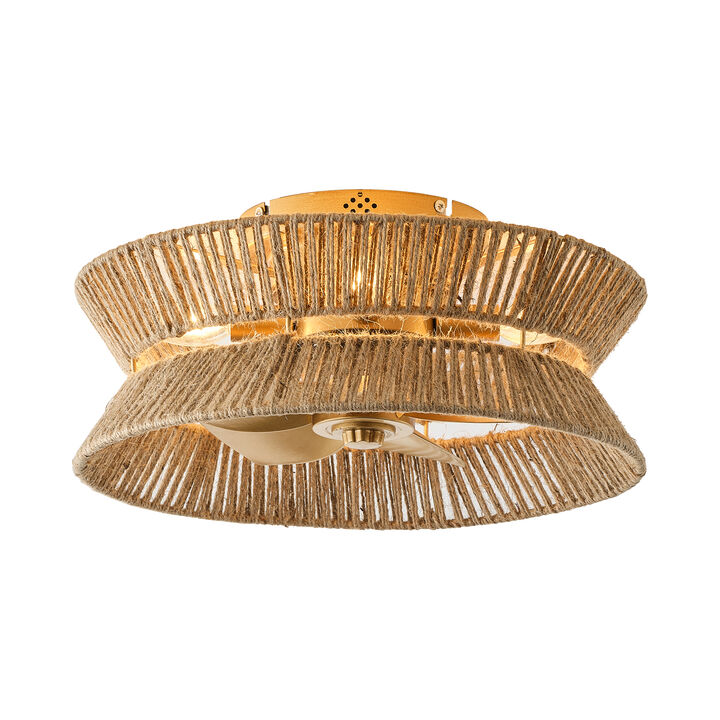 17.7" Bohemian Hemp Rope Antique Gold Caged Ceiling Fan with Light and Remote
