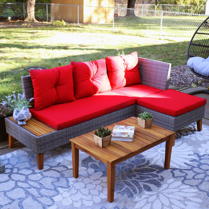 Sunnydaze Alastair Rattan Patio Sectional with Coffee Table - Red Cushions