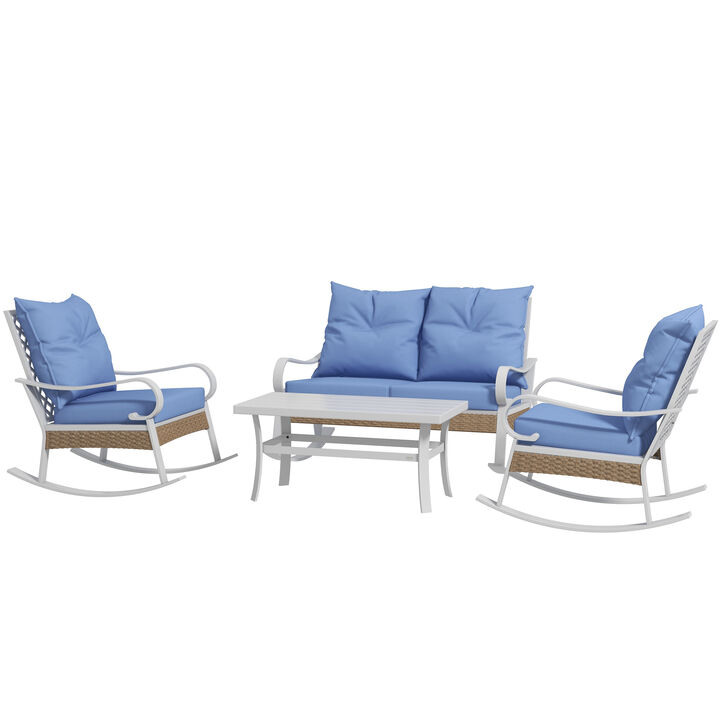 Outsunny 4 Piece Patio Furniture Set with Loveseat Sofa, Rocking Chairs, Coffee Table, Outdoor Conversation Set for Backyard, Lawn and Pool, Light Blue