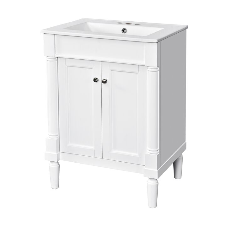 24" Freestanding Bathroom Vanity with Ceramic Sink, 2-Tier Storage Cabinet, 2 Soft-Close Doors