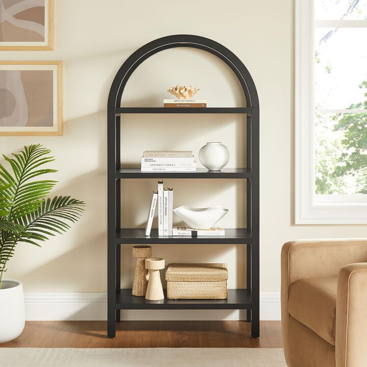Modway Vexley 60 Inch Arched Bookshelf in Black &ndash; Modern Pine and Acacia Open Display Bookcase for Living Room, Office, Reading Nook