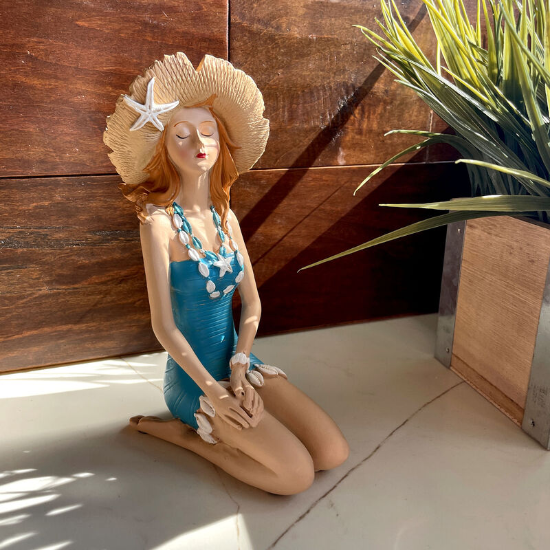 Sitting Beach Girl Figurine Blue Swimsuit Straw Hat Sunbathing 7.75 inch image number 6