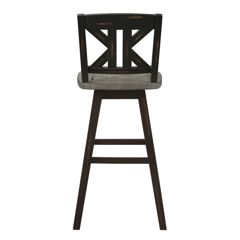 Ati 29 Inch Bar Height Stool Swivel Chairs Set of 2, X Back, Distressed Gray, Black image number 3