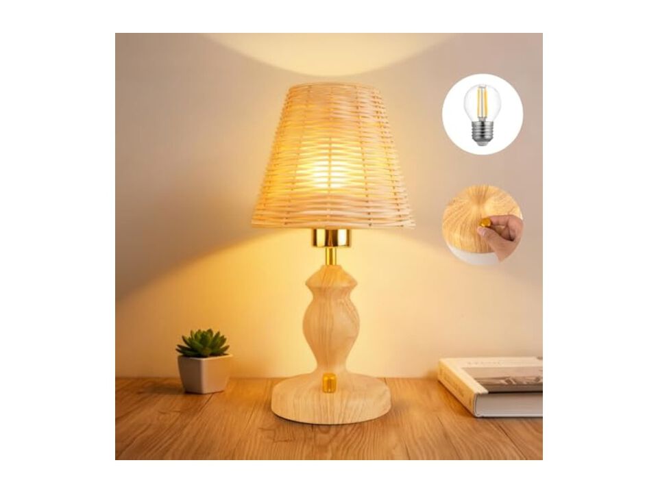 Wood Rattan Nightstand Lamp For Bedroom Nightstand Bedside Bulbs Included