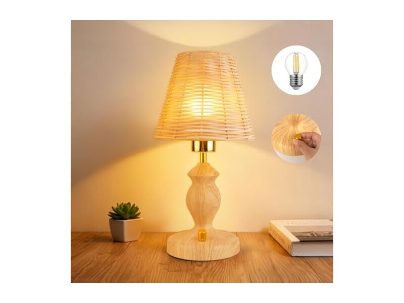 Wood Rattan Nightstand Lamp For Bedroom Nightstand Bedside Bulbs Included image number 1