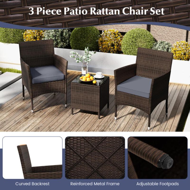 Hivvago 3 Pieces Outdoor Conversation Set with Cushioned Seat and Glass Tabletop