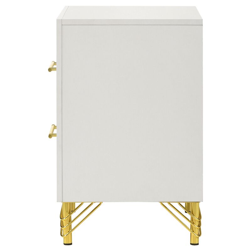 Jenny Nightstand, 2 Drawers, Hairpin Style Legs in Gold, Bar Handles, White - Benzara