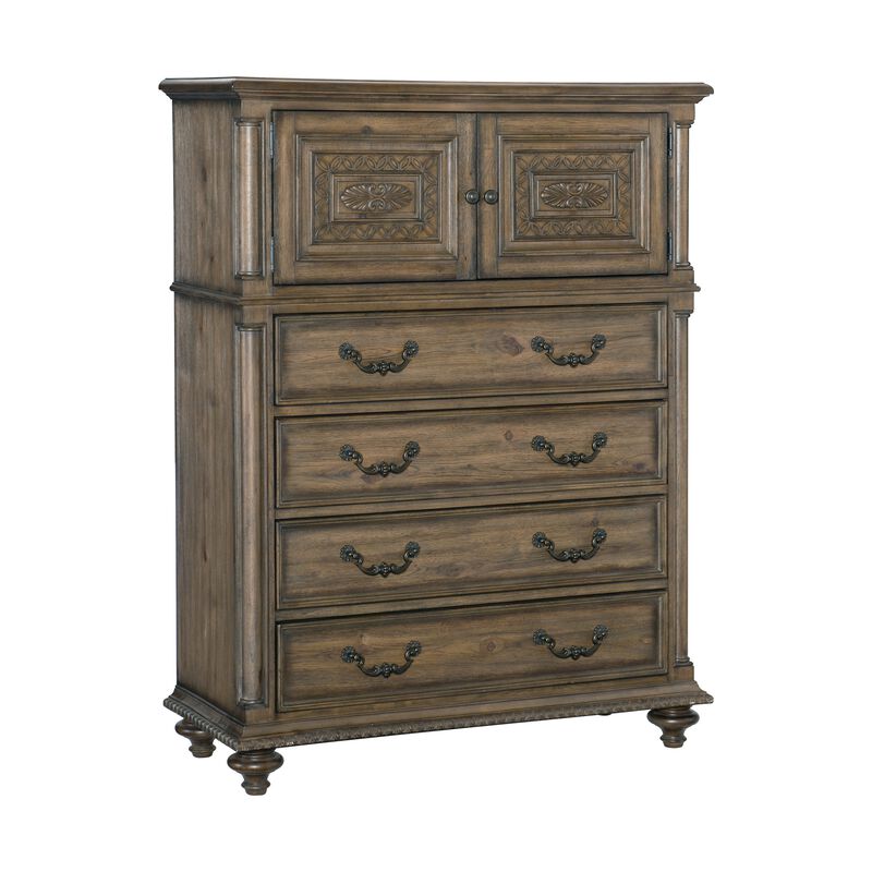 Queen Bedroom Set, Gray, Brown Wood, 5 Piece Set with 2 Nightstands, Dresser, and Chest image number 6