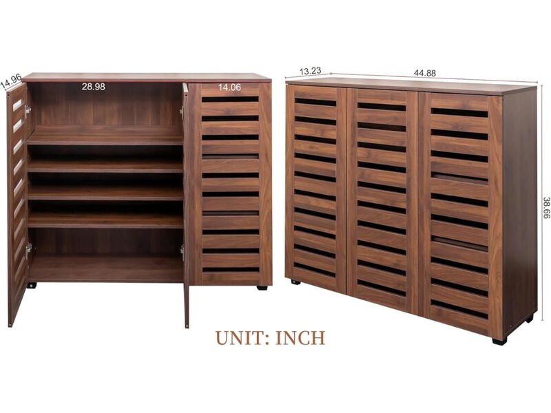 Entryway Wood Shoe Storage Cabinet 4 Tier Adjustable Shelves Walnut image number 2