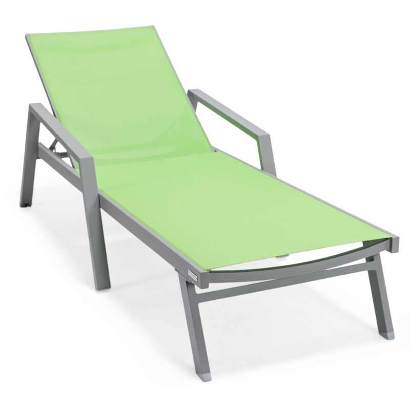 LeisureMod Marlin Modern Aluminum Outdoor Patio Chaise Lounge Chair With Arms in Grey Frame Set of 2 with Square Fire Pit Side Table