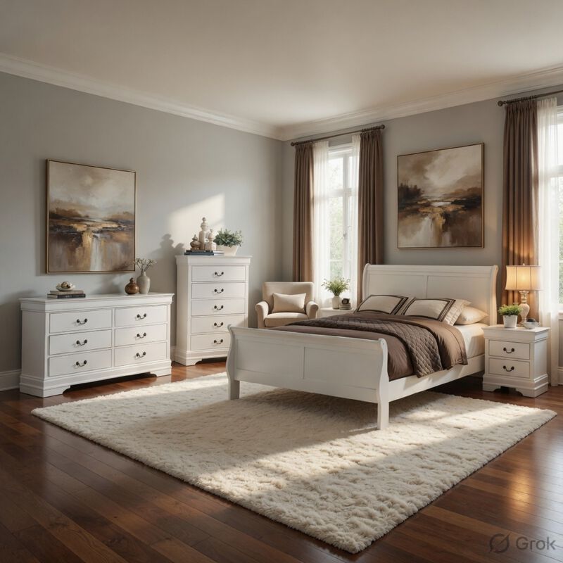 Full Size Bedroom Set, Traditional Carved Wood Design, White Finish, 4-Piece Set with Bed, Nightstands and Dresser image number 1