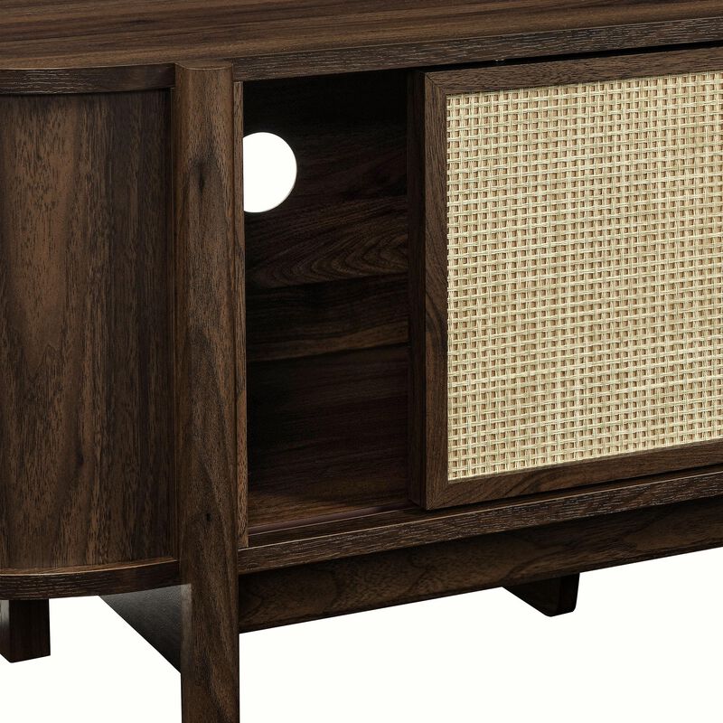 Modway Reid 61 Inch TV Stand in Walnut - Curved Oval Media Console with Rattan Sliding Doors and Open Shelves - Mid-Century Modern Entertainment Center for Flat Screen TVs up to 68&rdquo; image number 8