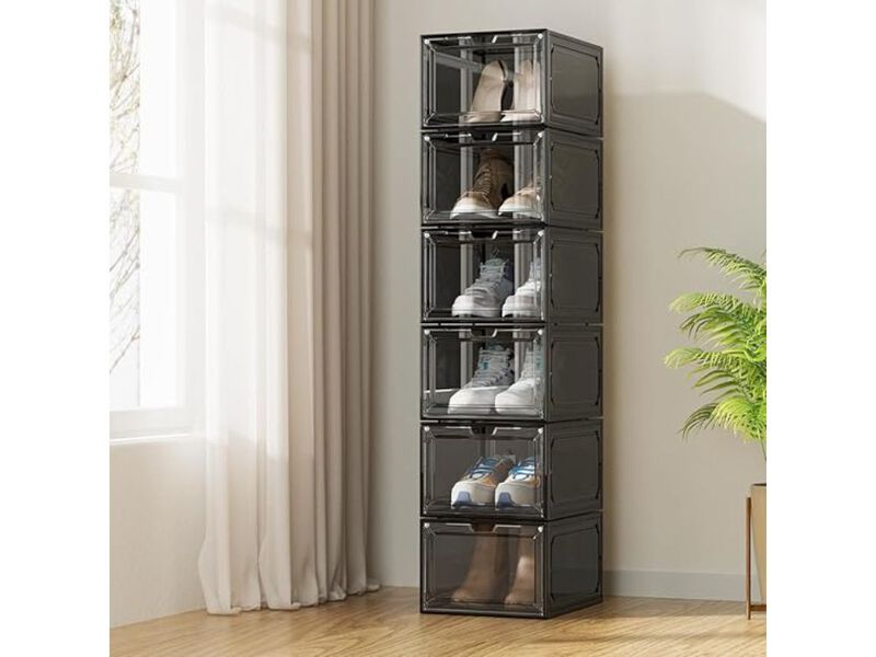 Shoe Organizer Black Box 6 Stackable Plastic Clear Box Magnetic image number 1