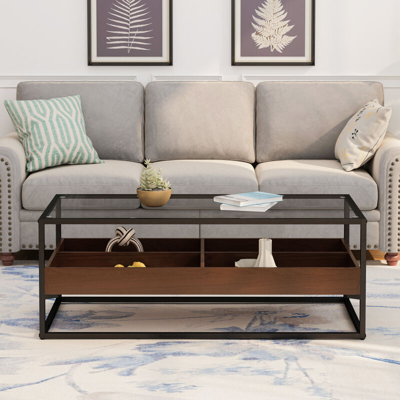 47.24"Rectangle Glass Coffee Table with storage shelf and metal table legs, Home Furniture for Living Room