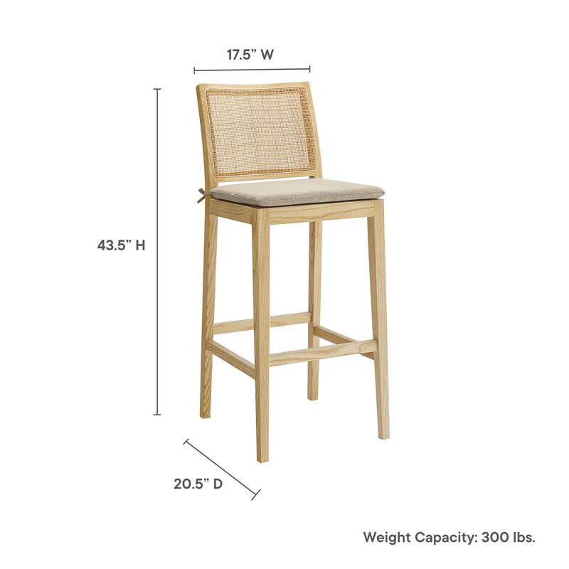 Modway Ovard Wood Bar Stool in Natural with Rattan Back &ndash; Natural Rattan Armless Bar Chair with Removable Padded Seat &ndash; Solid Wood and Fabric Bar-Height Stool image number 2