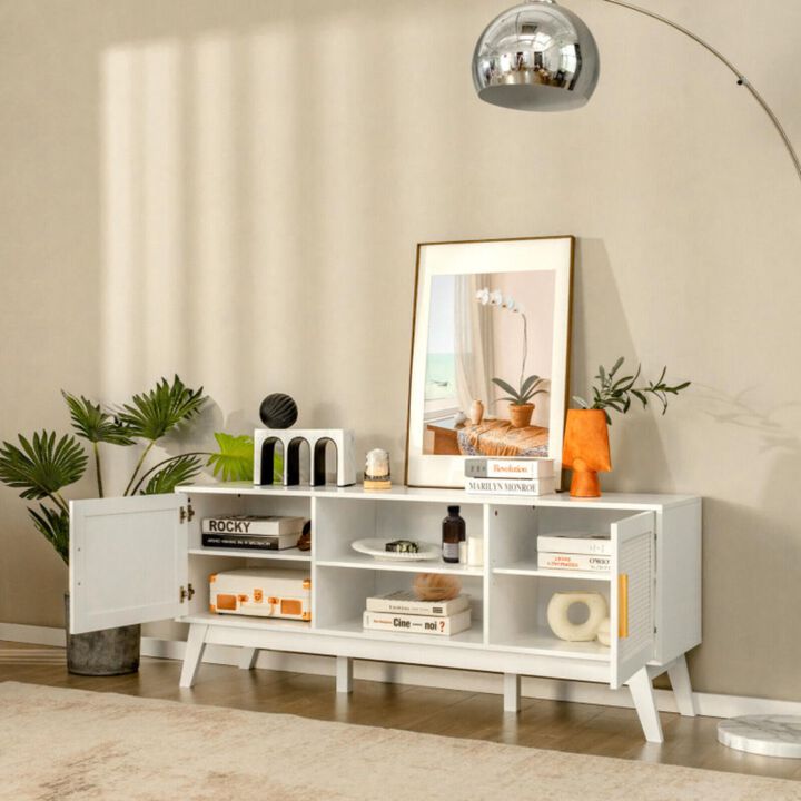 Hivvago TV Stand Entertainment Media Console with 2 Rattan Cabinets and Open Shelves-White