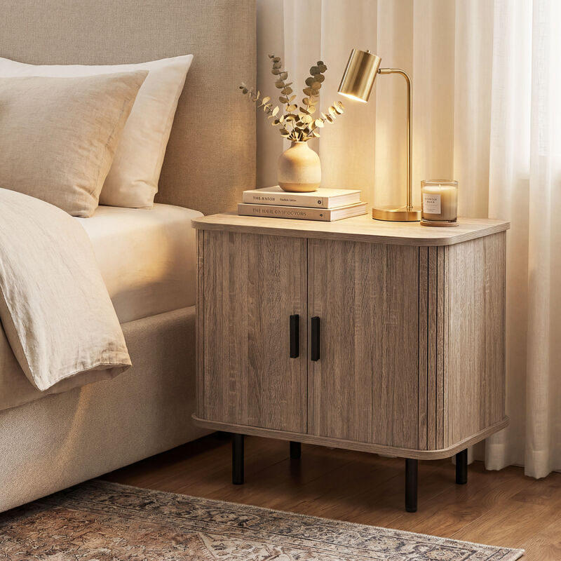 Modern Bedside Nightstand with Sliding Doors and Open Shelf for Bedroom image number 3