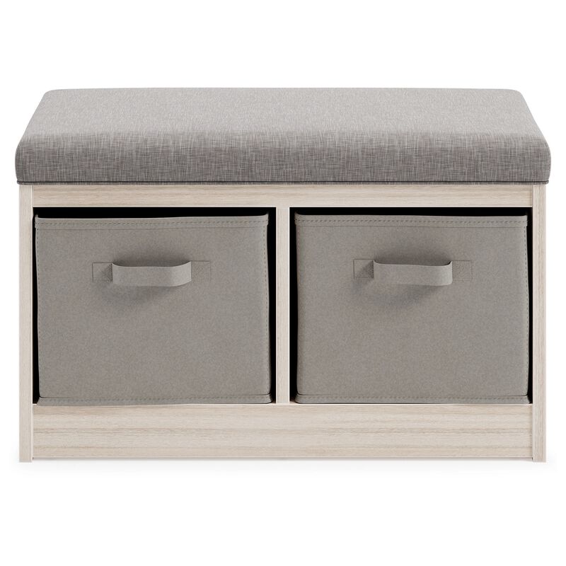 Storage Bench with Cushioned Top and 2 Fabric Baskets, Gray-Benzara