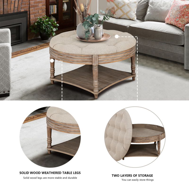 Plozup Large Round Tufted Linen Upholstered Ottoman Coffee Table image number 3