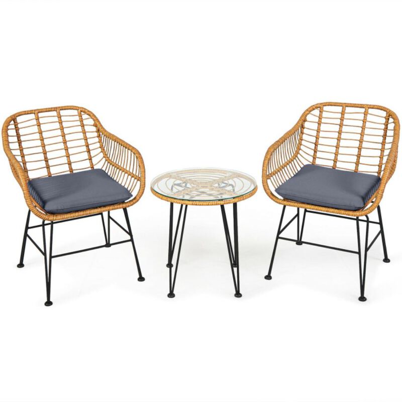 Hivvago 3 Pieces Rattan Furniture Set with Cushioned Chair Table