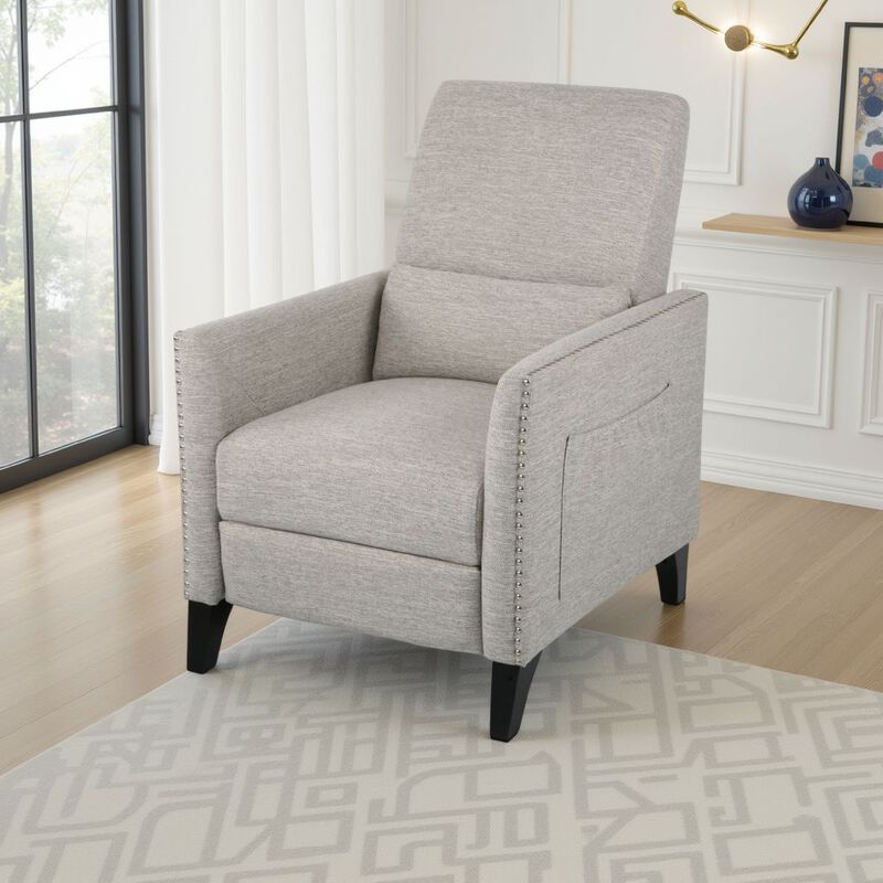 Davy Pushback Recliner Chair, Nailhead Trim, Birch Wood, Gray Fabric - Benzara