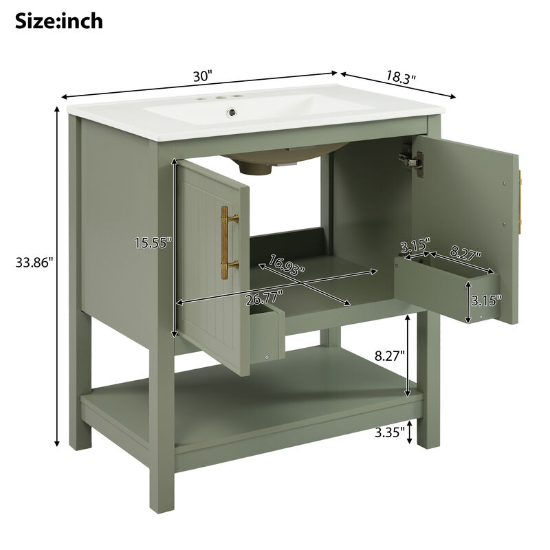 Whisen 30" Bathroom Storage Cabinet Bathroom Vanity with Ceramic Sink, Soft Close Doors and Open Shelf