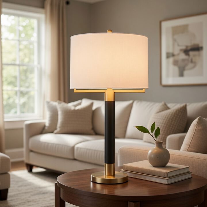 Table Lamp, Off White Drum Shade, 28 Inch Black Body with Brass Accent