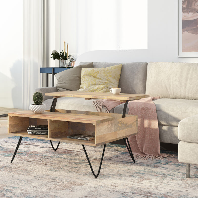 Hunter SOLID MANGO WOOD and Metal 36 inch Wide Rectangle Industrial Small Lift Top Coffee Table in Natural