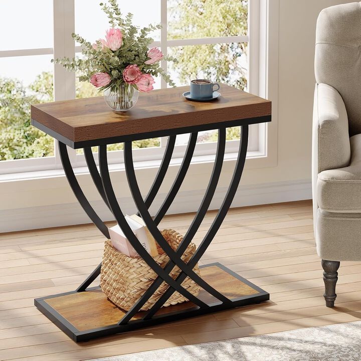 Narrow 2-Tier End Table, Side Table with Metal Frame for Living Room