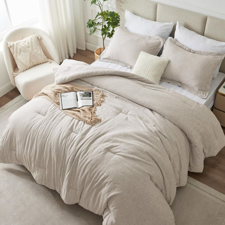 CozyLux Queen Size Comforter Set - 3 Pieces Beige Soft Luxury Cationic Dyeing Bedding Comforter for All Season, Breathable Light