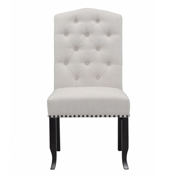 Glamour Home Set of 2 Beige Fabric Dining Chair Tufted Buttons and Nail Head Accent