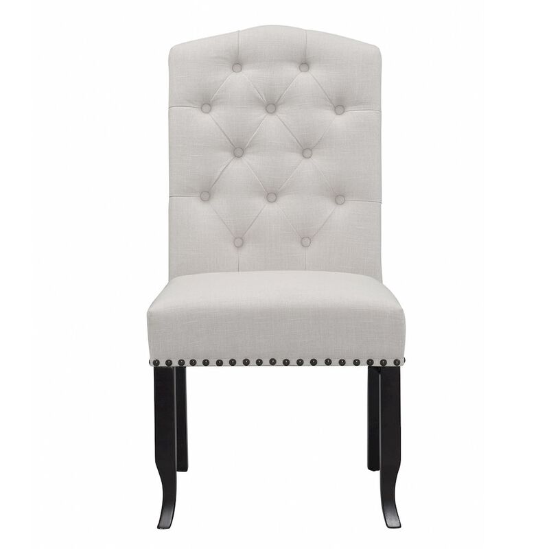 Glamour Home Set of 2 Beige Fabric Dining Chair Tufted Buttons and Nail Head Accent