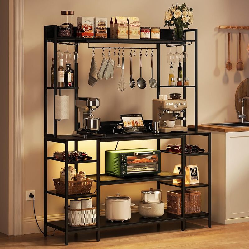 Large Bakers Rack with LED Lights & Power Outlet, 55" Wide Microwave Stand, 6-Tier Kitchen Racks and Shelves, Wine Glass Holder, 11 Hooks with App Control image number 9