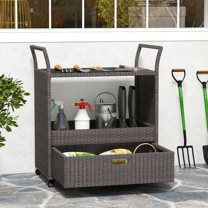 Outdoor Rattan Bar Cart Table with Tempered Glass Top and Storage-Mix Brown image number 5