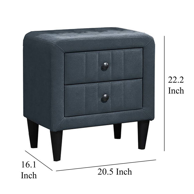 Rheo Nightstand, 2 Drawers, 22 Inch Upholstered in Charcoal Gray Linen - Benzara